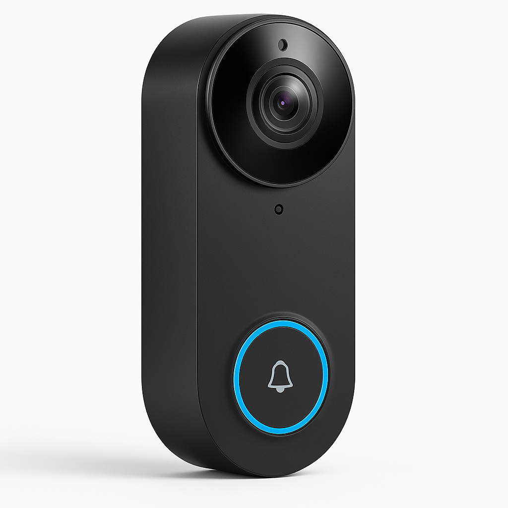 Modern trådlös videodörrklocka med HD-kamera, minimalistisk design i svart.