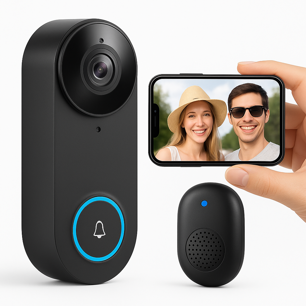Videodörrklocka visar gäster i realtid via app – tydlig tvåvägskommunikation och inomhusenhet.